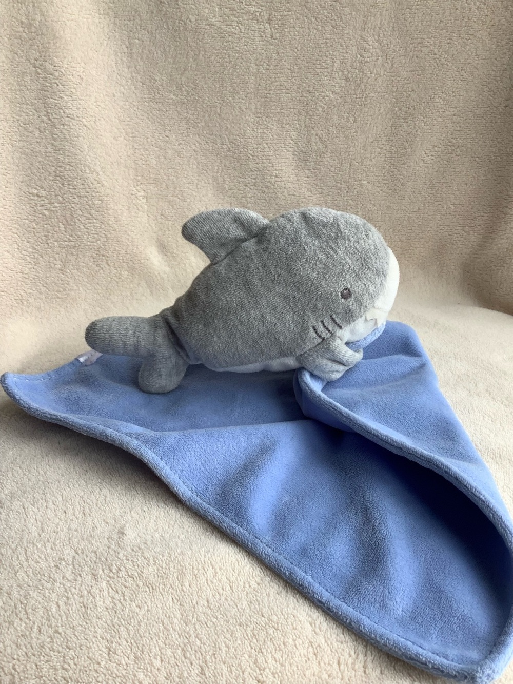 Carters Gray Shark Plush Lovey with Blue Security Blanket and Rattle Inside